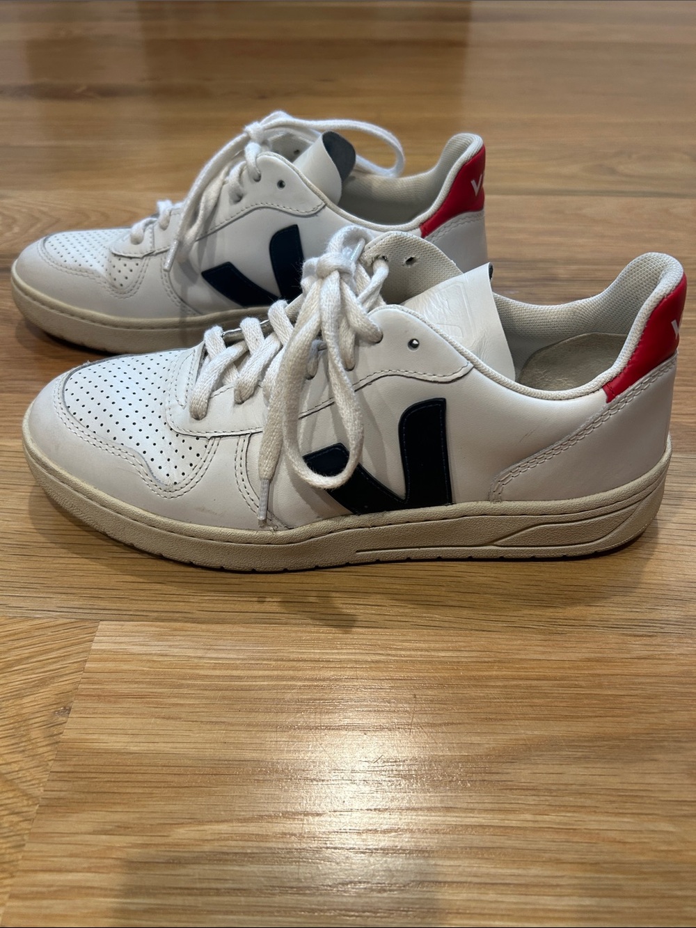 Veja V-10 White Leather Sneakers with Navy V and Red Heel Tab Unisex